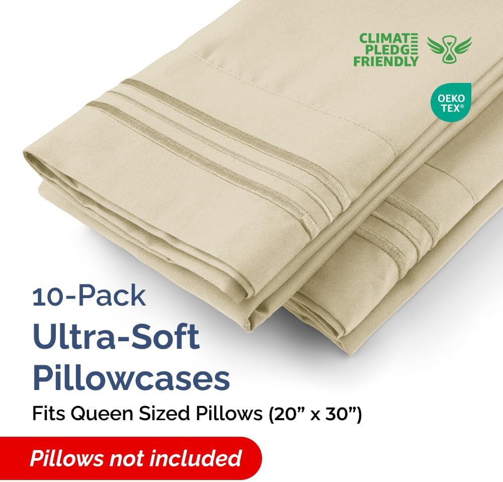 Queen Pillow Cases Set of 10 - Ultra Soft Hotel Quality Pillowcase Covers - Comfy & Wrinkle Free - Shrink, Stain and Fade Resistant - Easy-Care, Machine Washable Pillow Protectors - 10 Pcs Set - Cream