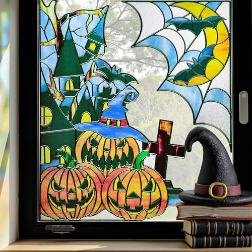 ADD.HERES Window Stickers, Stained Glass Window Privacy Film, UV Blocking Static Cling for Home Kitchen Office Bathroom, Halloween, 17.7" X 31.5"