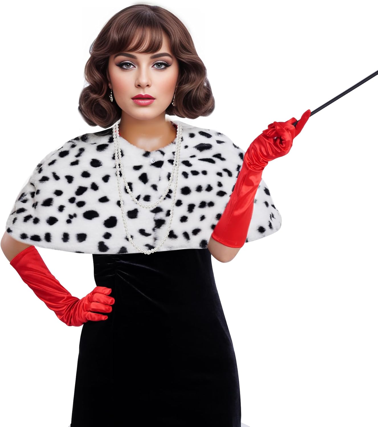 4 Pack Halloween Dalmatian Costume Women, Black and White Dalmatian Shawl Scarf, Red Glove,Faux Pearls Necklace for Adult Diva Fancy Dress Costume Accessories - Image 5