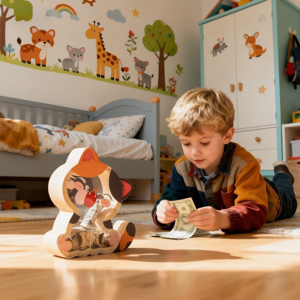 Wooden Cat Piggy Bank for Kids, Cute Money Box with Acrylic Panels, Unbreakable Toddler Saving Coin Jar for Boys Girls, Kids Coin Bank with Sticker for Birthday Easter Gifts Educational Toys