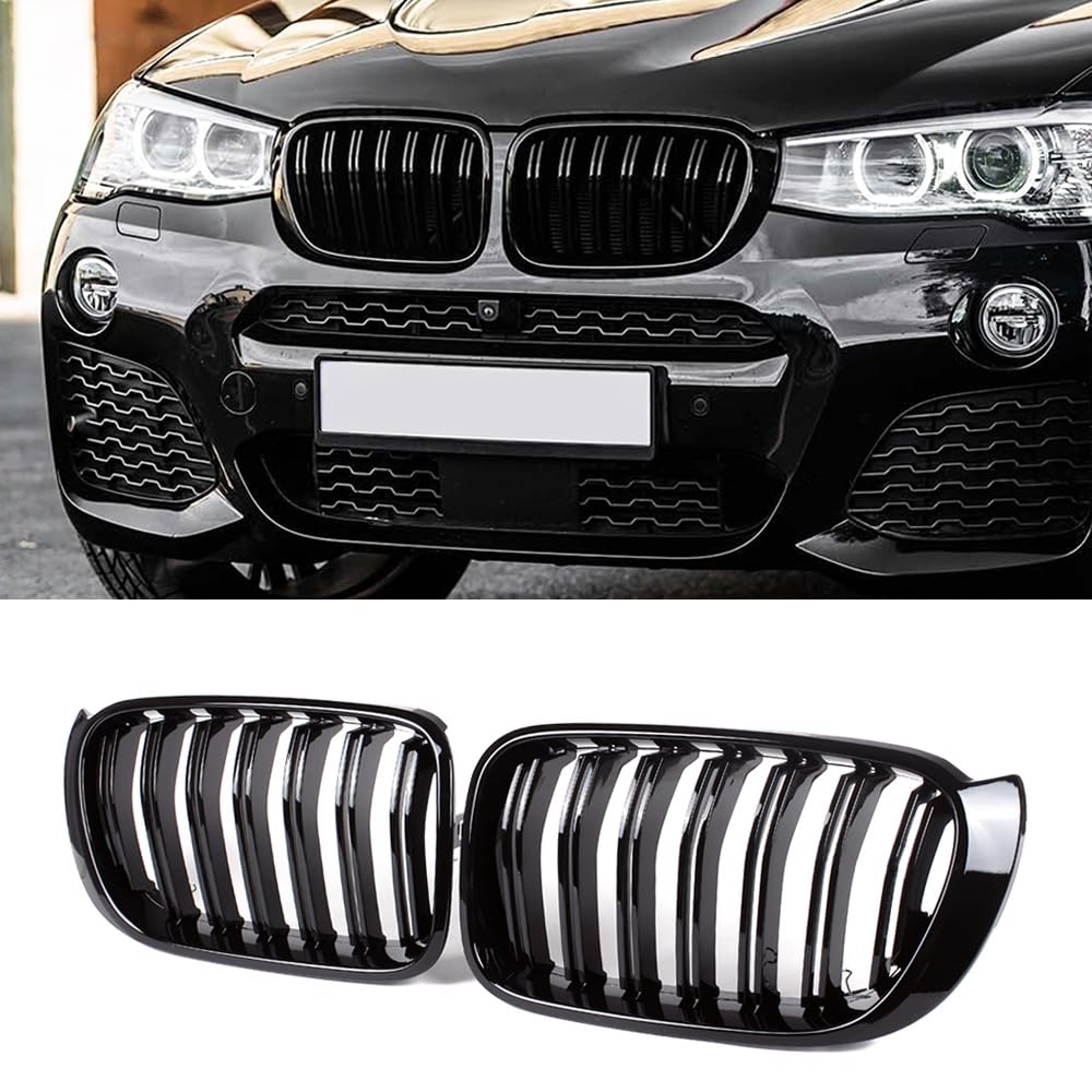 MAXDOM Replacement Front Upper Grill Fit for BMW (2015-2017) X3 F25 LCI (2015-2018) X4 F26 – Gloss Black Double Slats ABS Grille