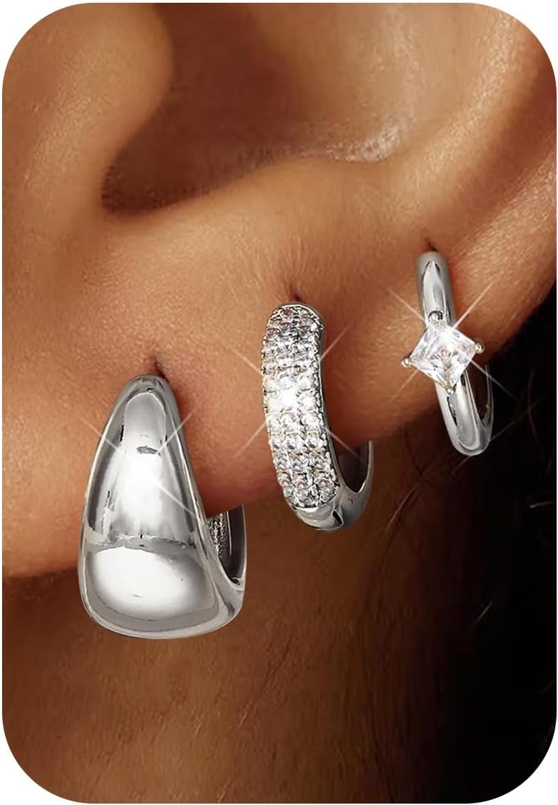 LOYALLOOK 3Pairs Gold Hoop Earrings Set for Women Trendy Huggie Hoop Earrings Stacks for Multiple Piercing 14K Gold Plated Chunky Hoop Earrings Set Hypoallergenic Cartilage Earring Lightweight