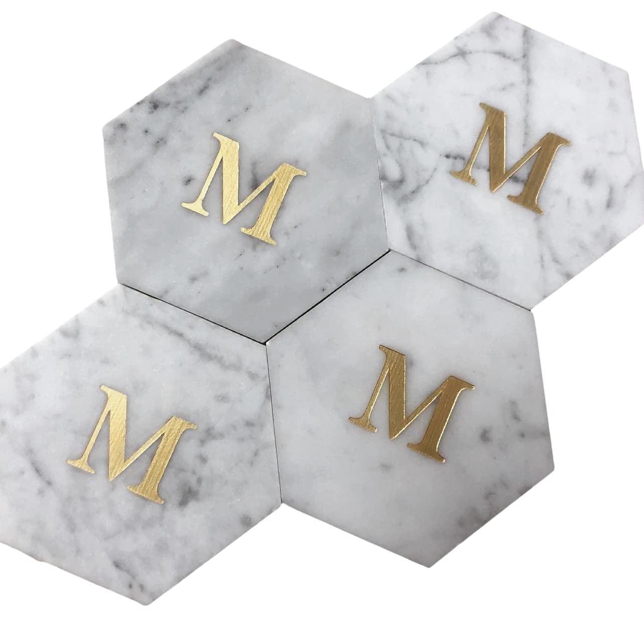 Personalized Marble Hexagon Coasters, Gold Geometric