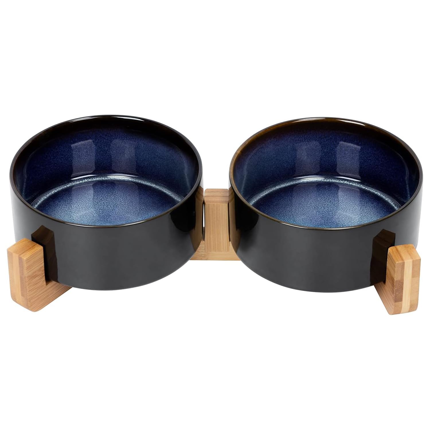 SPUNKYJUNKY Ceramic Dog and Cat Bowl Set with Wooden Stand, Modern Cute Weighted Food Water Set for Small Size Dogs (13.5OZ) & Medium Sized Dogs (28.7OZ) & Cats (3.6 Cups, 2 × Starry Blue)