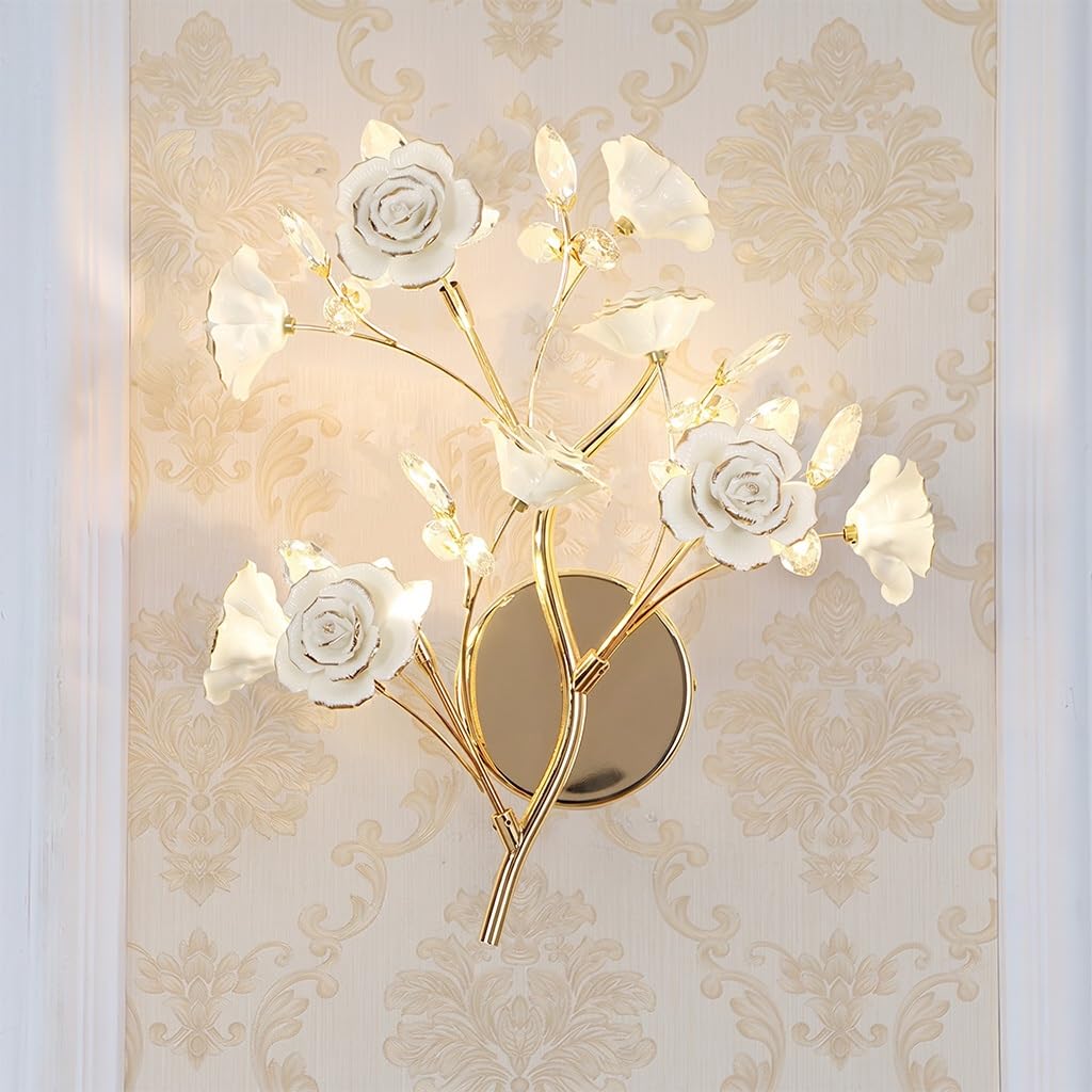 COSRUB Floral Ceramic Wall Lights, Gold Branch Wall Sconce for Bedside