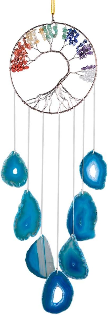 rockcloud 7 Chakra Tree of Life Wall Hanging Wind Chimes with Agate Slices Pendants Ornament Windows Hanging Ornament for Home Garden Decor, Blue