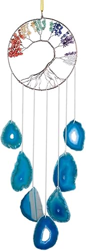 rockcloud Campanillas de viento colgantes de 7 chakras del árbol de la vida con rodajas de ágata colgantes, adorno colgante de ventanas para