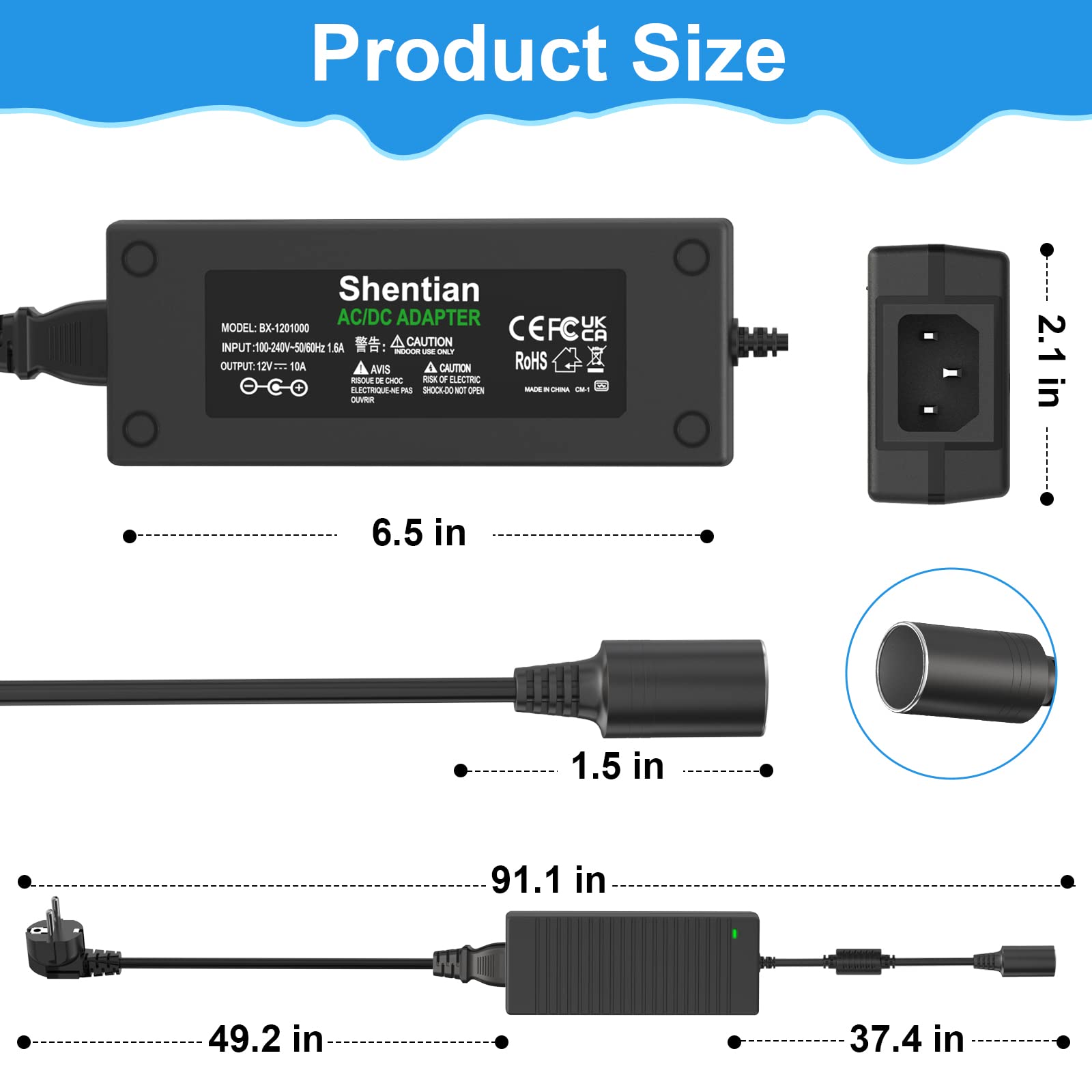 Accendisigari per Auto Adattatore AC a DC 100V-240V a 12V Alimentatore Caricabatteria Universale Nero 12V 10A