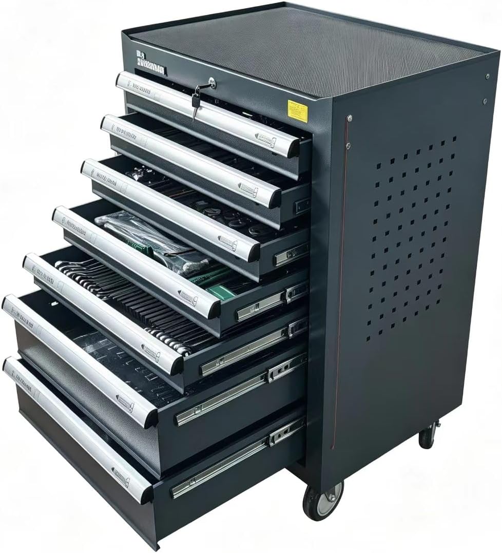 Car Repair Tools 405 Piece Set, 7-Tier Drawer Movable Tool Car with Brake Pedal, Cold Rolled Steel, Grey, 680x460x860mm, Includes Ratchet Wrench and Socket Set (1)