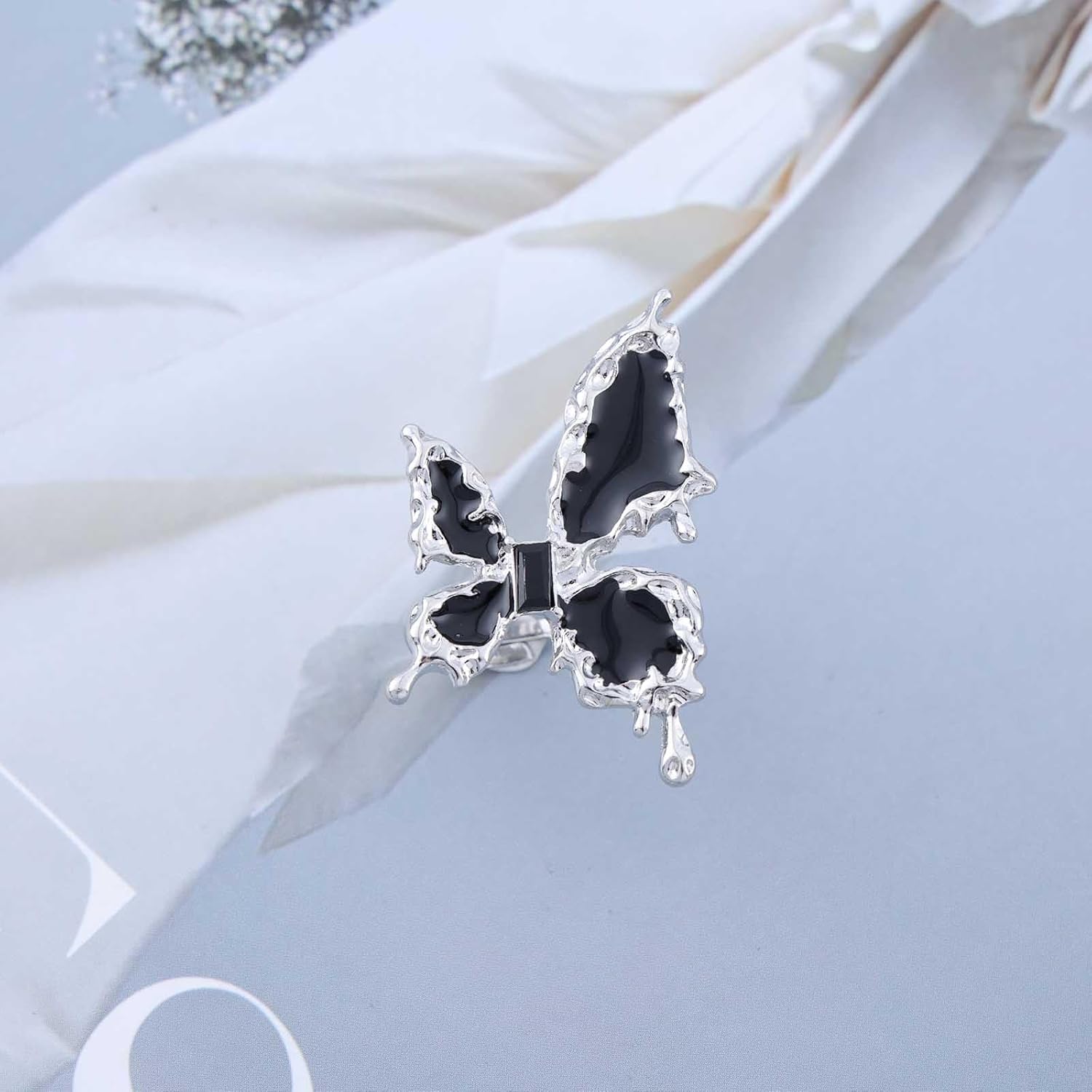 Vintage Enamel Butterfly Rings Black Butterfly Finger Ring Gothic Asymmetrical Knuckle Rings Punk Statement Ring Adjustable Exaggerated Rings Jewelry for Women - Image 3