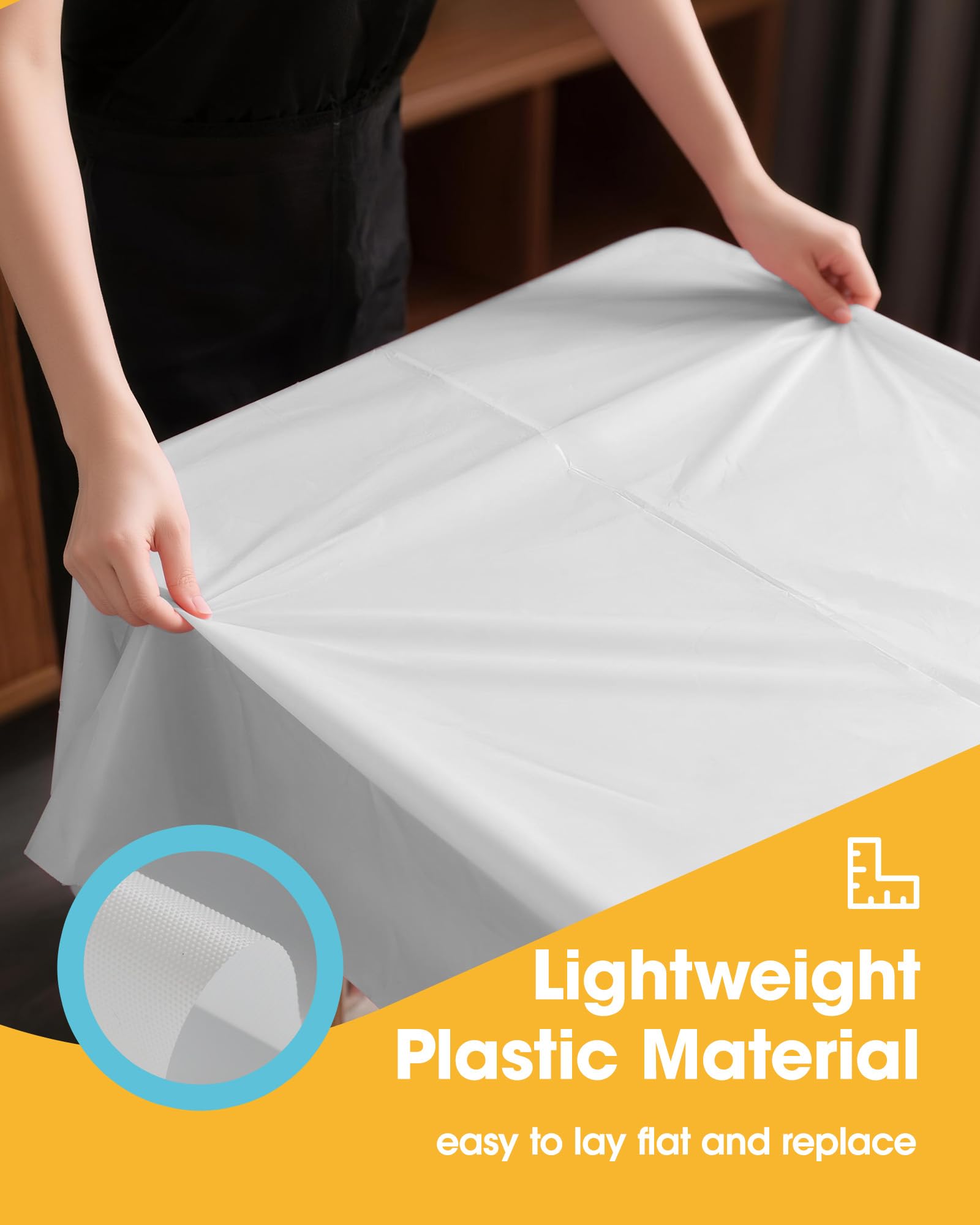 Niuara Mantel rectangular de plástico blanco, paquete de 15 unidades, mantel de 54 x 108 pulgadas para mesas de 6 pies, mantel para uso desechable, mantel para fiestas de vacaciones, reuniones