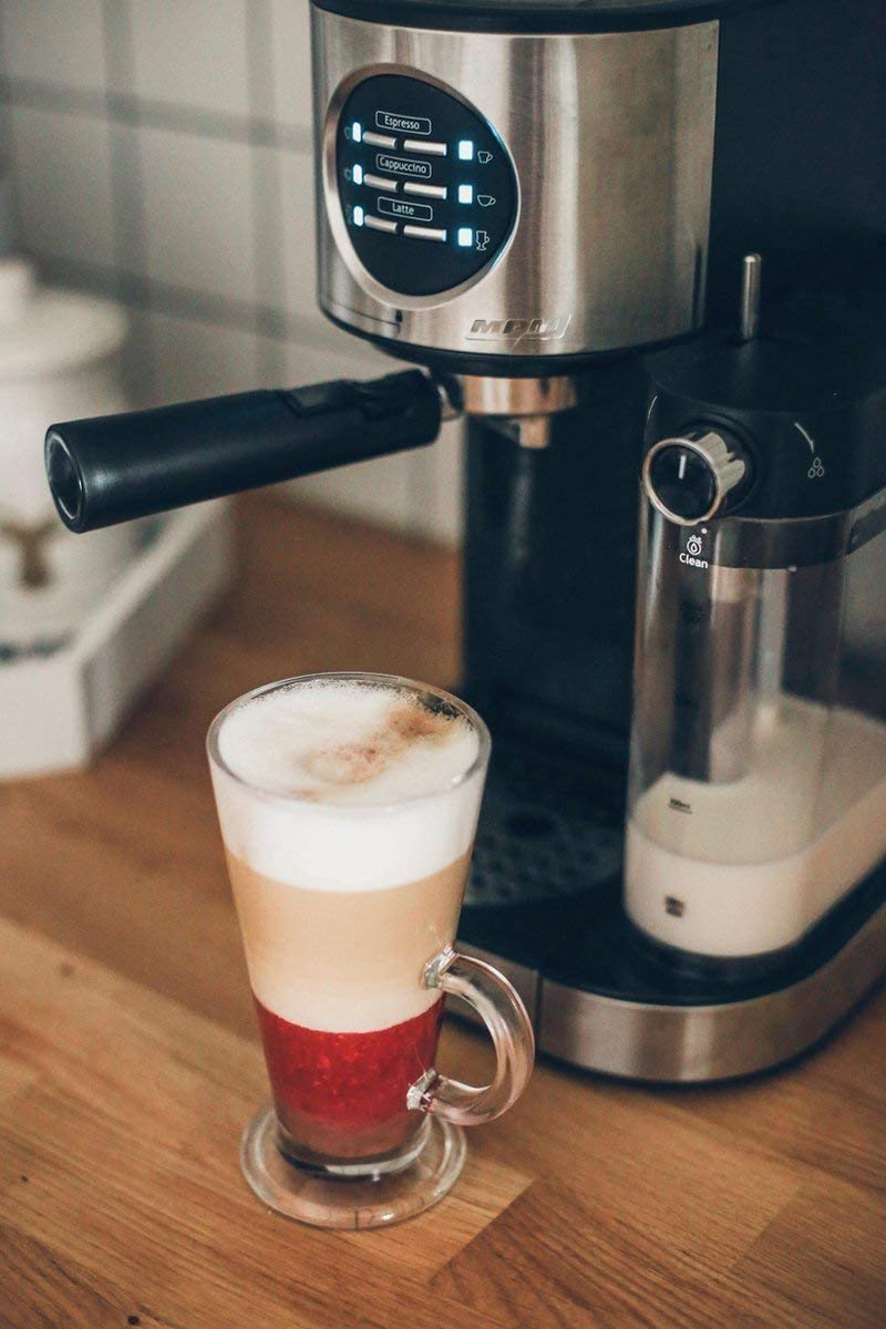 MPM MKW-07M Macchina per Caffè Espresso 20 Bar, Espresso, Cappuccino e Latte, Serbatoio Latte 0,7 Litri, Scaldatazze, Finitura in Acciaio Inossidabile, Serbatoio dell'acqua Staccabile da 1,2 L, 1470W
