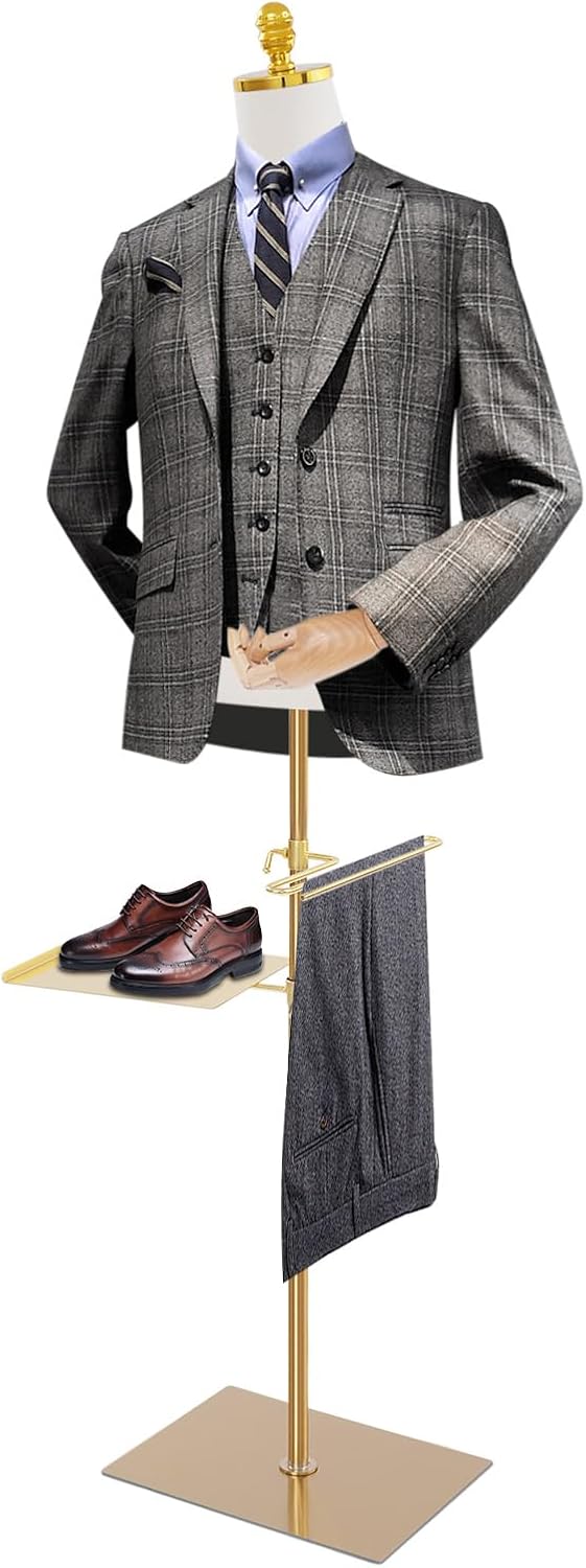27.56-51.18in Adjustable Male Mannequin with Stand, Male Model Torso with Pants Rack and Shoe Rack, Display Model, Suit Display Stand for Clothing Retail Sewing Shop (Gold, 15.75*11.81in)