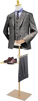 Male Dress Form 27.56-51.18in Height Adjustable Male Mannequin Torso Body with Flexible Solid Wood Arm & Detachable Shoe Holder Pants Rack Gold, 27.56-51.18in