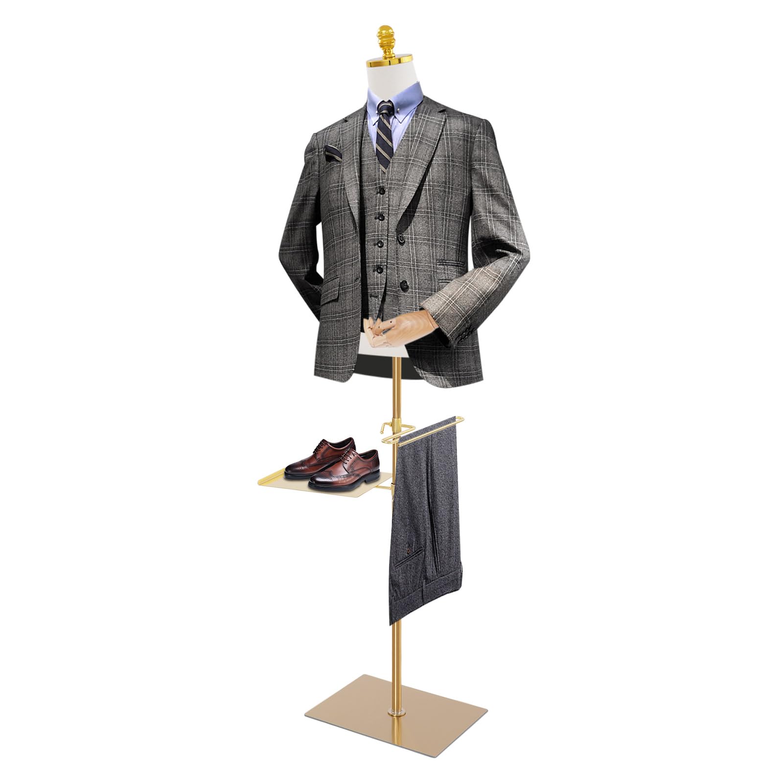 Schaufensterpuppe Männliche Verstellbare Höhe 70-130cm Mannequin Herren mit Holz Armen + Hosenständer + Schuhständer Kleiderform Verstellbarem Torso & Pose Kleiderpuppe für Boutiquen, Geschäfte