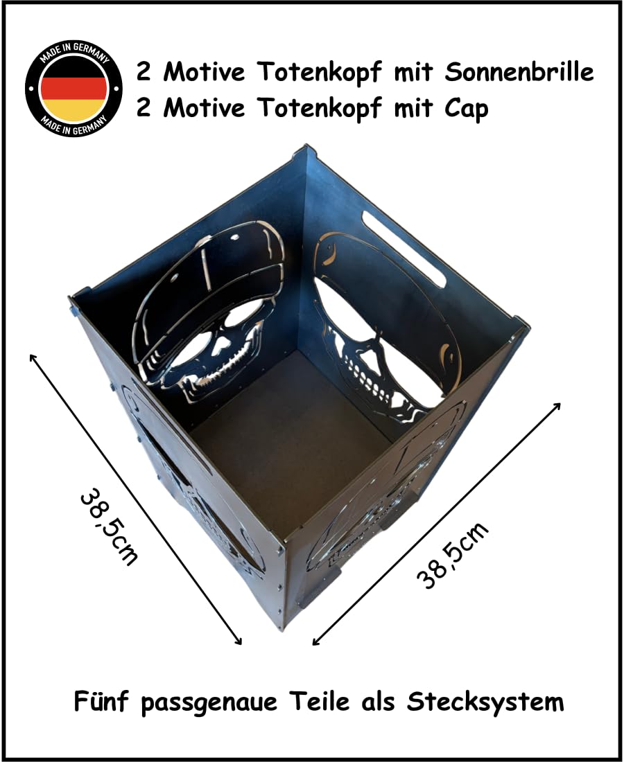 Lehnert Feuertonne Totenkopf Sonnenbrille Cap 74 cm aus 3 mm Stahlblech Feuerkorb Feuerschale Feuerstelle mit 2 Totenkopf Motiven, große Massive und Feuerfeste Feuerstelle für Garten und Terrasse