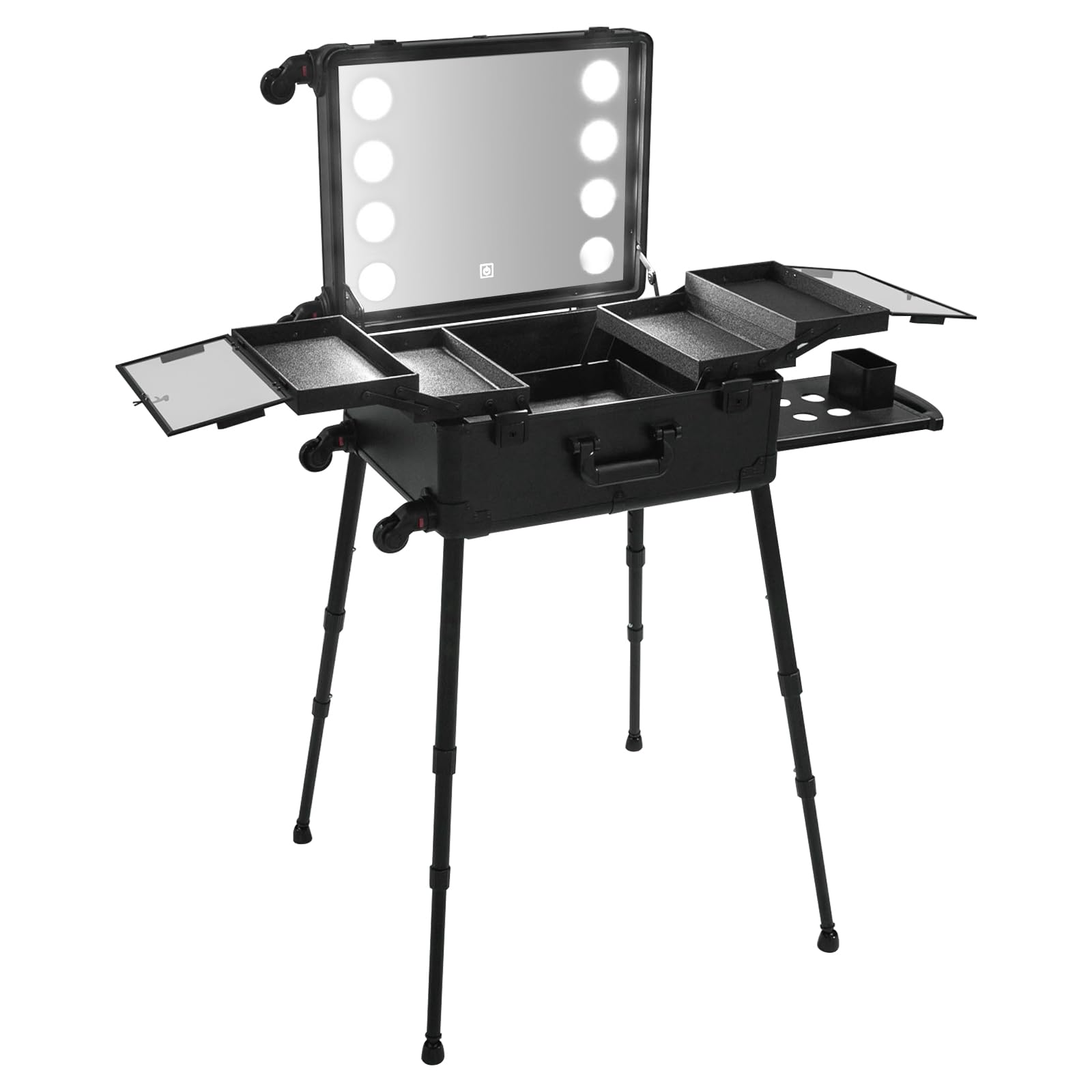 Walizka na kosmetyki – walizka do makijażu i walizka fryzjerska z 8 diodami LED, nogi z regulacją wysokości 39-85 cm (4 stopnie) – idealna dla wizażystów, podróży i salonu – czarna i nowoczesna
