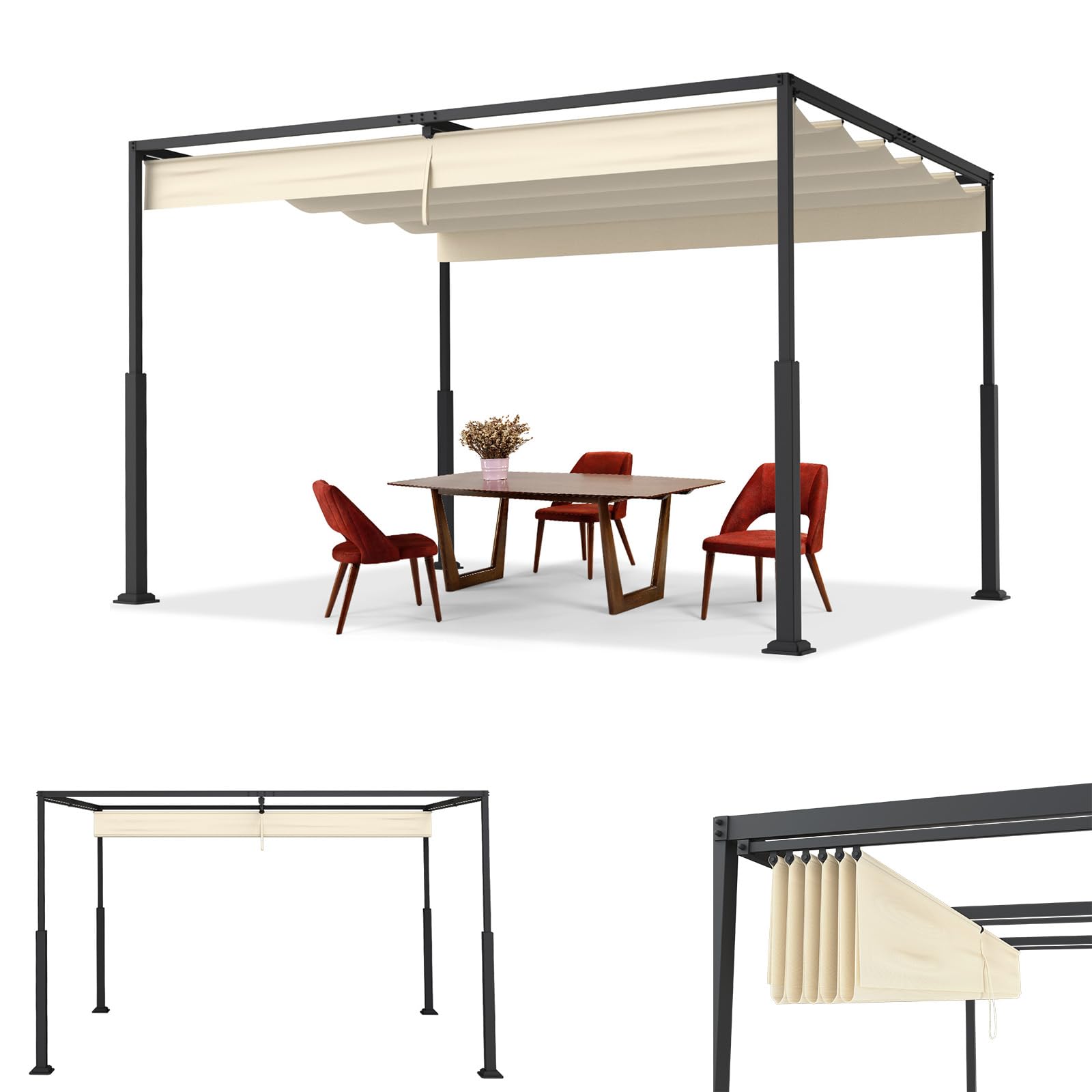 ACXIN Pergola mit Schiebedach, Terrassenüberdachung aus Stahlrahmen, wasserabweisendes 160g PA-beschichtetes Polyester, freistehender Gartenpavillon mit verstellbarem Sonnenschutz (Beige, 3 x 4 m)