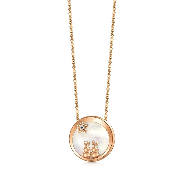 Chow Sang Sang CHOW SANG SANG Delicate Gold 18K Rose Solid Gold MINTY Collection Moon Rabbit with Mother of Pearl Necklace for Women 93188N | 18.5 Inches, (47 CM)