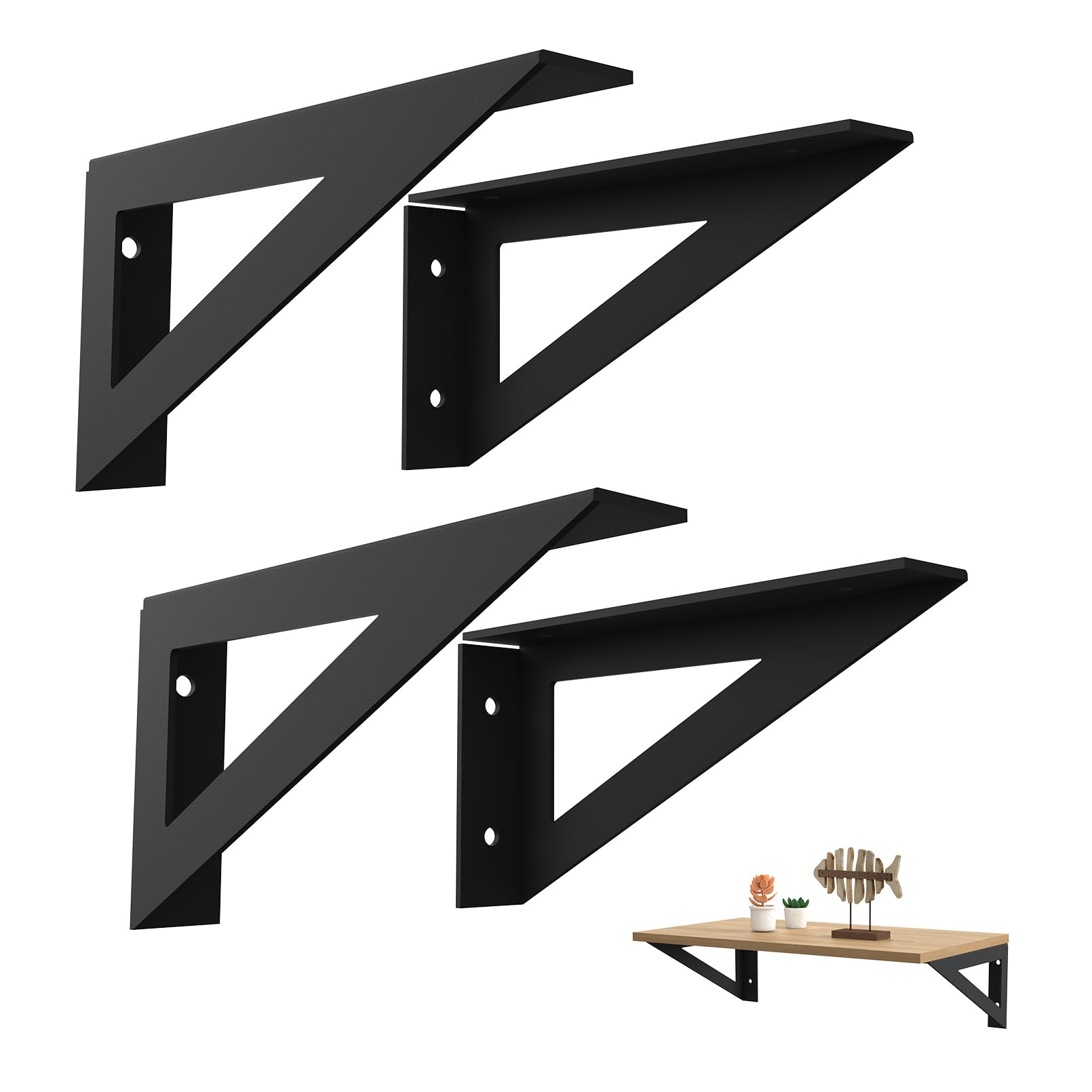 BRATA Black Shelf Brackets 200mm 4 Pack, Heavy Duty Metal Shelf Bracket, Floating Shelf Brackets