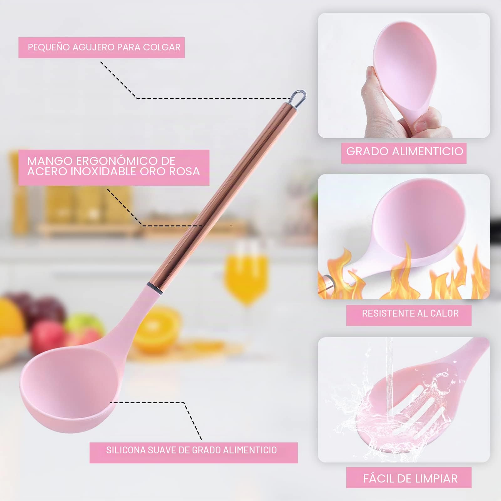 Utensilios De Cocina De Silicona, 22 Piezas Juego De Utensilios De Cocina Resistentes Al Calor Para Sartenes Antiadherentes, Menaje De Cocina Con Mango De Acero Inoxidable (Rosa)