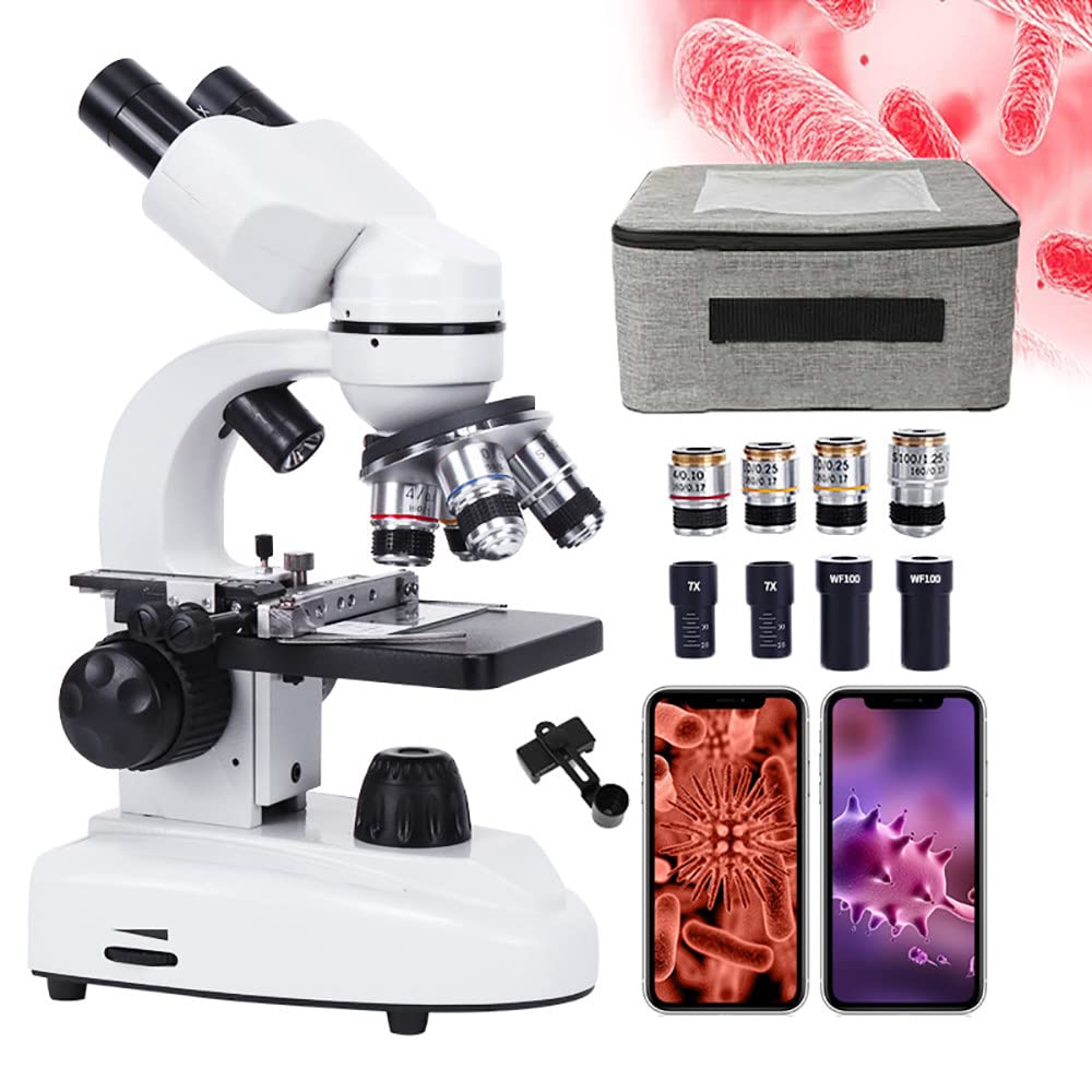 Microscopio biológico HD con Estuche de Transporte, binoculares Profesionales para Estudiantes y Adultos, iluminación LED Dual, Adaptador para teléfono, 30000X/50000X/700