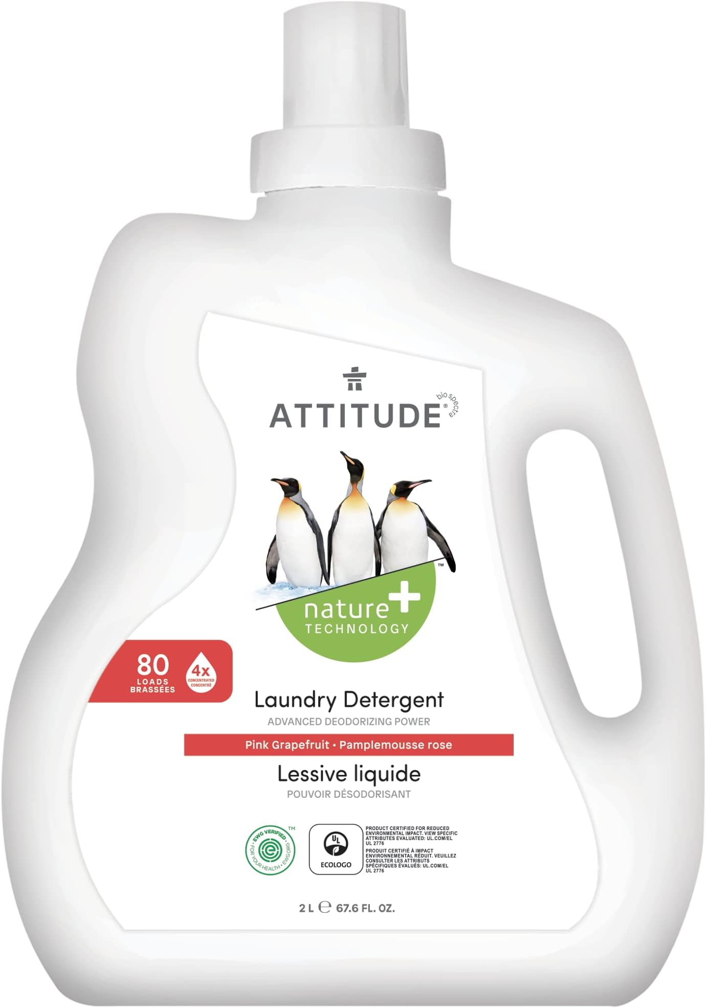 AttitudeLaundry Detergent, Plant and Mineral-Based Formula, He, Vegan and Cruelty-free Washing Machine and Household Products, Pink Grapefruit, 80 Loads, 67.6 Fl Oz