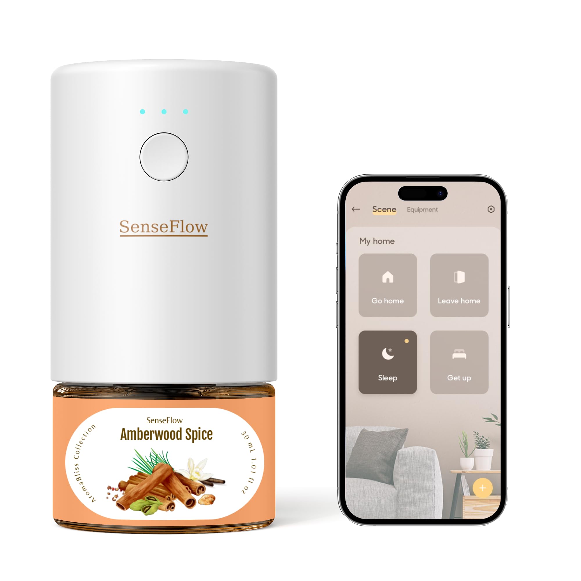 Aroma Diffuser für Ätherische Öle Wi-Fi SF101S Pro, Wasserloser Ultraschall Duftstecker Raumduft, 100% pflanzlich Lufterfrischer, 120 Tage Aroma für Zuhause bis zu 100 m²- Amberholz-Gewürz