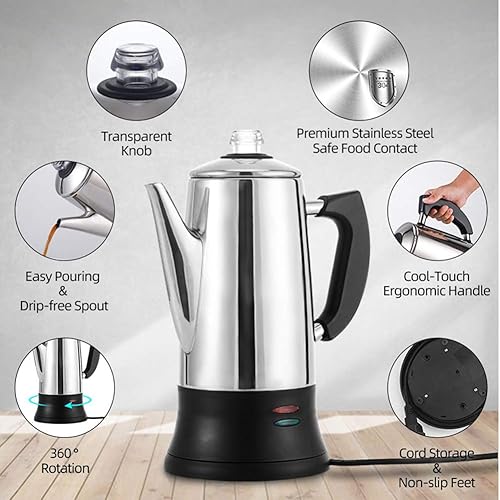 Miniatura 5 de Cafetera comercial de acero inoxidable para estufa, olla moka eléctrica, cafetera eléctrica de 12 tazas, cafetera de 1.8 L, cafetera con parte