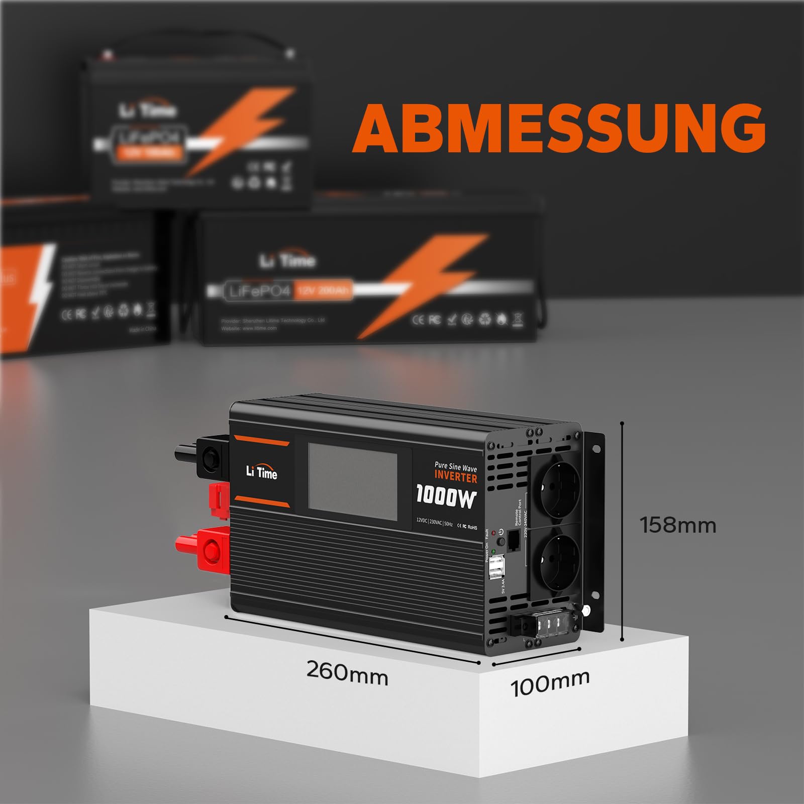 LiTime 1000 W Inverter Sinsus Pure 12 V DC a 230 V AC Convertitore per Camping-Car, Camping, Inverter Solare con 2 uscite AC, Display di Sorveglianza con Visualizzazione dello stato in tempo reale