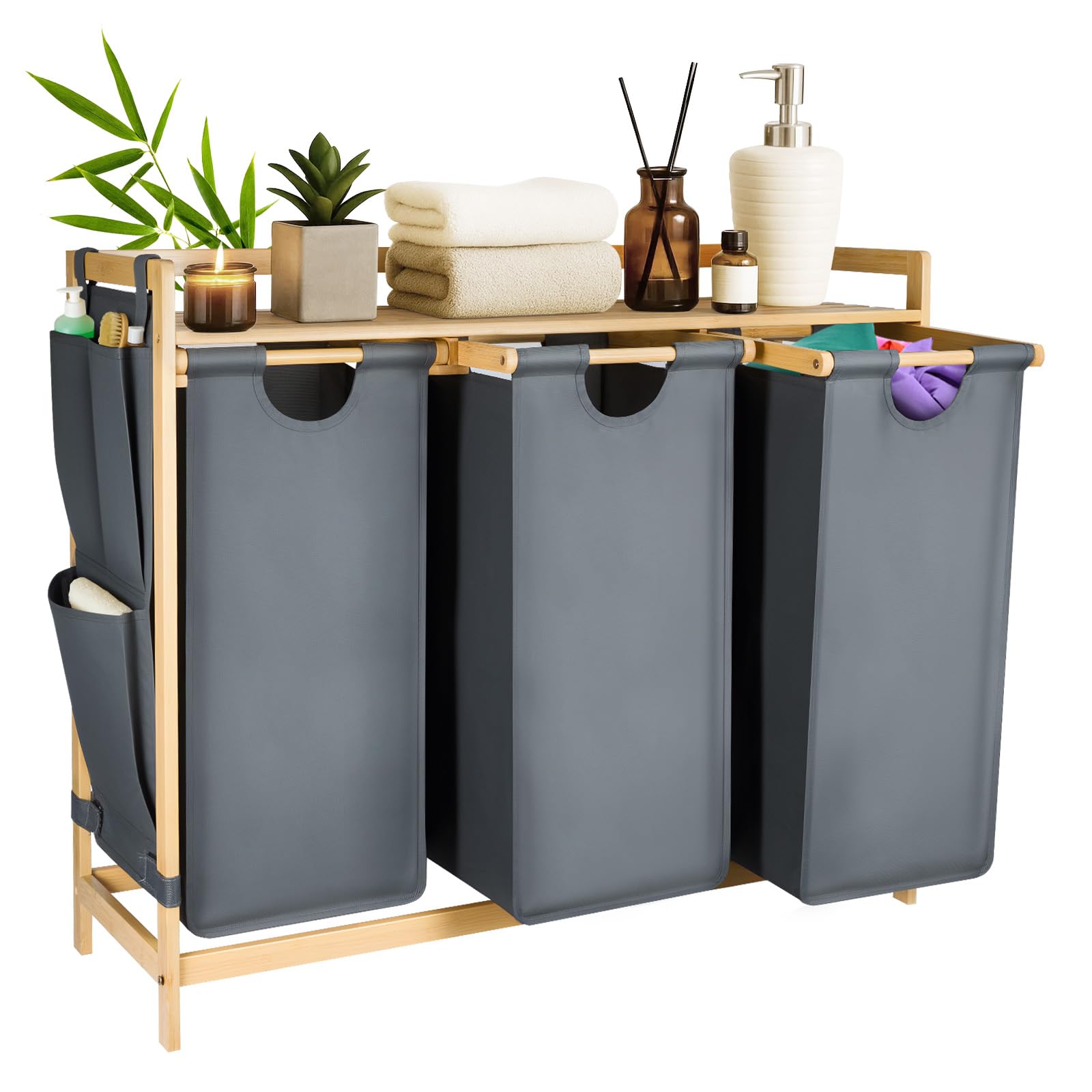 KingSaid Panier à Linge 3 Compartiments 135L en Bambou, Corbeille à Linge avec Étagère et Poches Latérales, Sacs Amovibles Lavables pour Rangement Buanderie (gris)