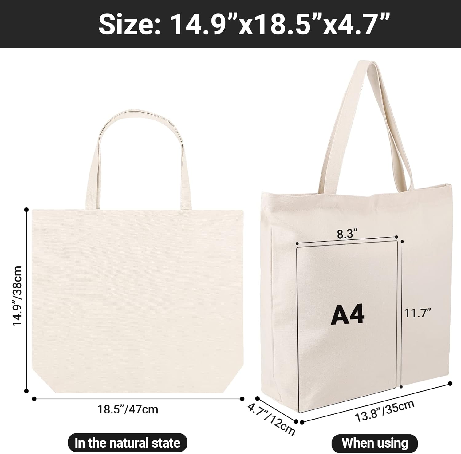 Segarty Canvas Tote Bag with Zipper, 3 Pack 18x15 Blank Canvas Bags for Women, Reusable Tote Bags Aesthetic with Natural Cotton Cloth Shoulder Strap, Bulk for DIY Grocery Beach Travel Gift - Image 2
