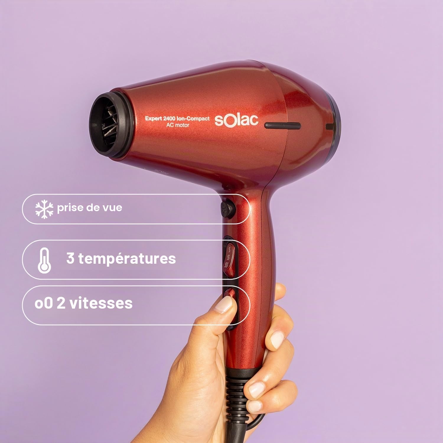 Solac - Sèche-cheveux professionnel 2400W Ion-Compact | 6 réglages température/vitesse | Technologie ionique | Air froid | Compact | Concentrateur + Diffuseur | Rouge