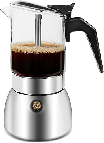 Moka Pot Stovetop Espresso Maker, 300ml Glass-Top Stainless Steel Brewer | Food-grade 304 stainless steel, all stovetop compatible, easy cleaning, authentic Italian espresso for home and camping