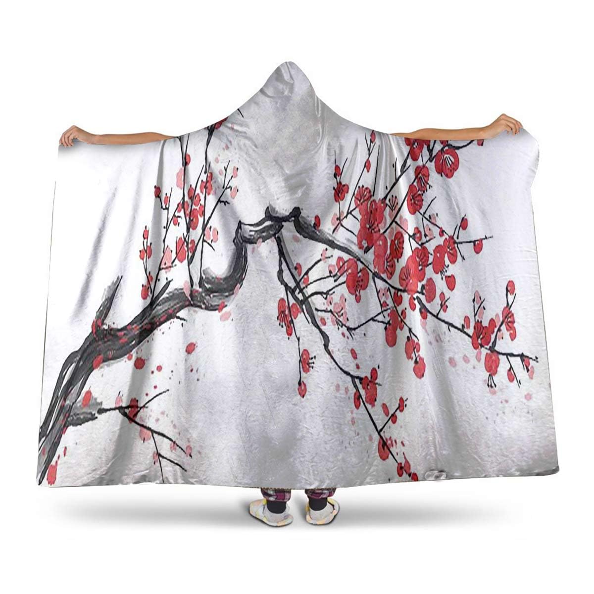 SARMSXGrey Pink Hooded Blanket for Adults Teenager Paining Style Art Exotic Japanese Style Garden Women Men Adult Pullover Blanket 50" H x 60" W Flowers