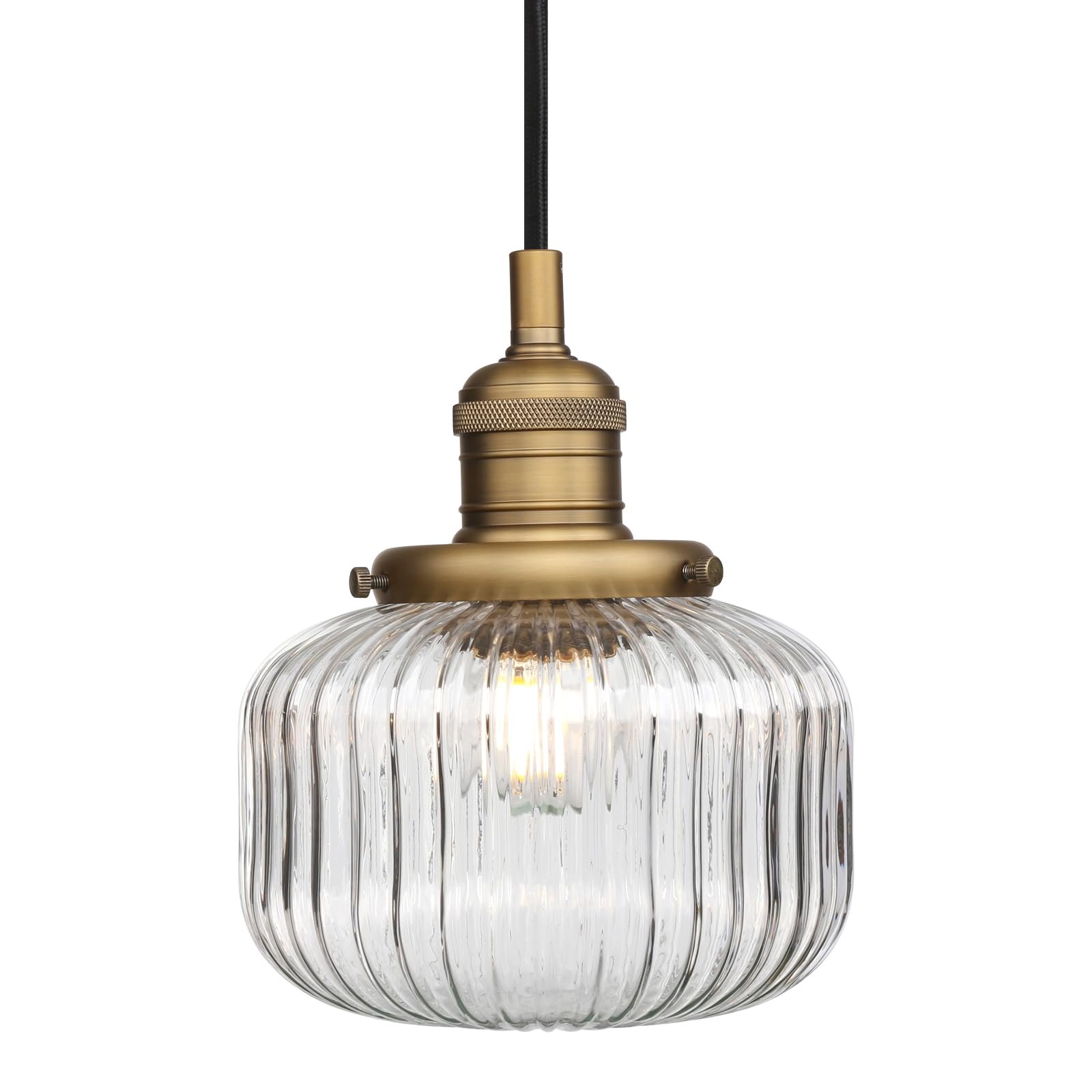 Phansthy Vintage Pendelleuchte E27 Industrielle Hängeleuchte mit Kürbisform gestreiftem Klarglas Lampenschirm Hängelampe Deckenleuchte Flur Schlafzimmer Wohnzimmer Küche Badezimmer etc(Antike Farbe)