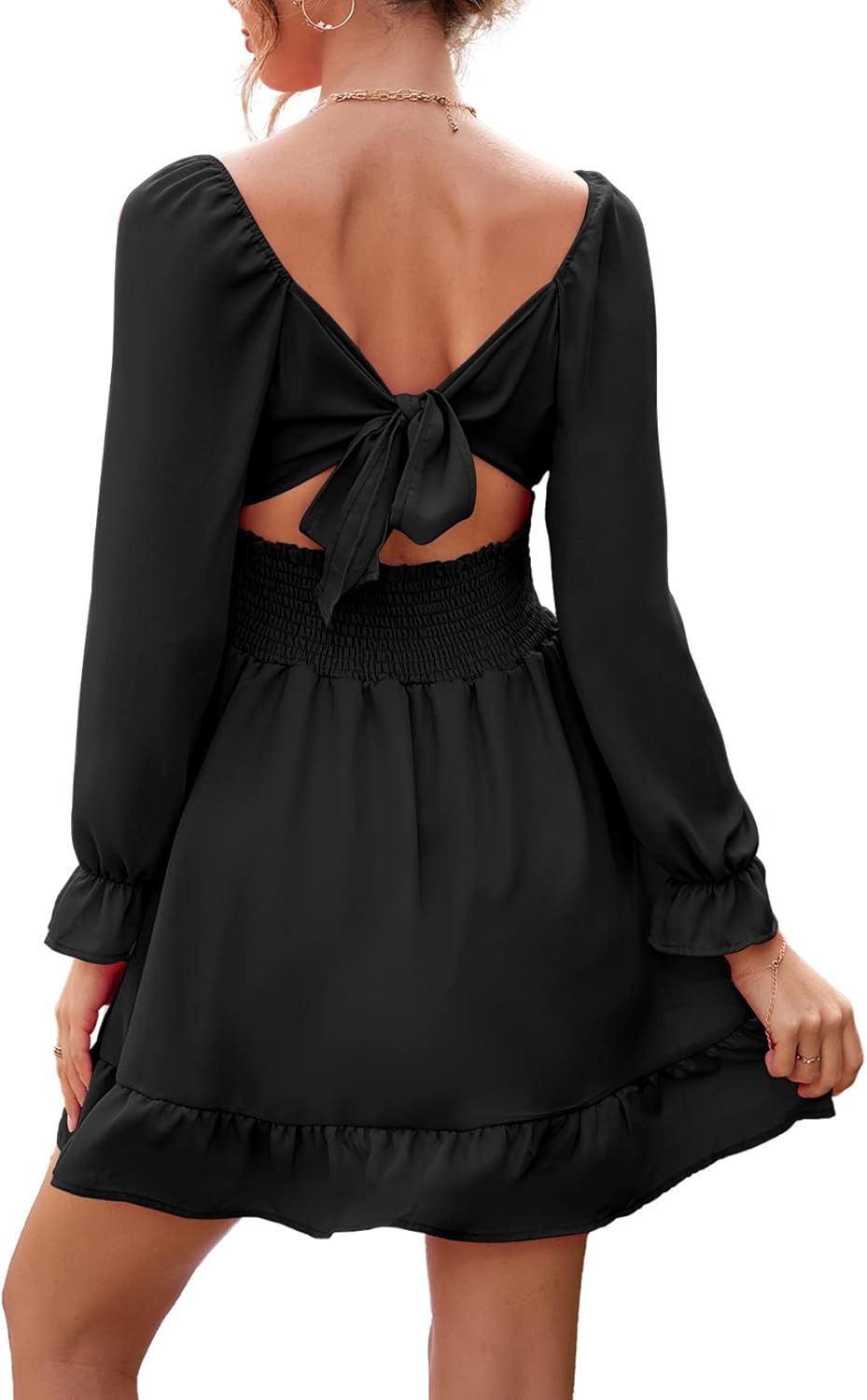 LYANER Women's Square Neck Tie Back Elastic Waist Long Sleeve Ruffle Hem Mini Dress - Image 2