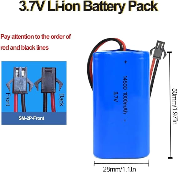 2Pcs 3.7V 1000mAh Li-ion Battery RC Replacement Rechargeable 14500 Battery Pack with SM-2P USB Charger Cable for Toys,Drone,Remote Control Car Accessory