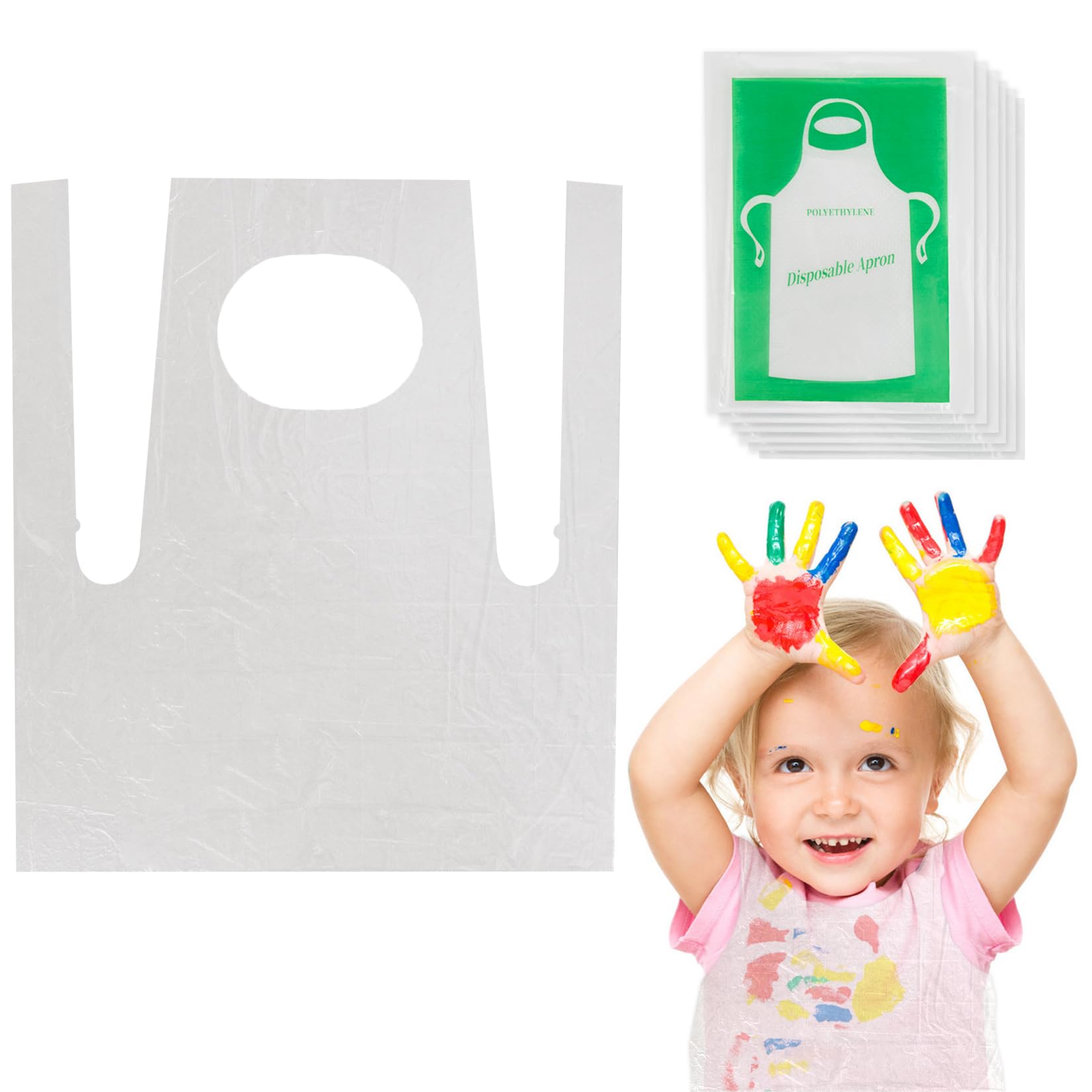 MAQIHAN 50 Plastic Disposable Aprons - 2.1ft/65cm Plastic Aprons Waterproof Disposable Paint Aprons Bulk Children Smocks Clear Eating Bibs for