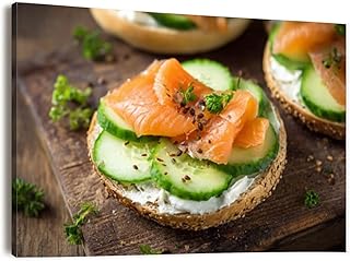 Canvas Wall Art Prints Picture Fresh bagel Salmon cream cheese cucumber Framed Large Size Artwork Wall Painting Home Decor for Living Room Bedroom Ready to Hang 24"x36"