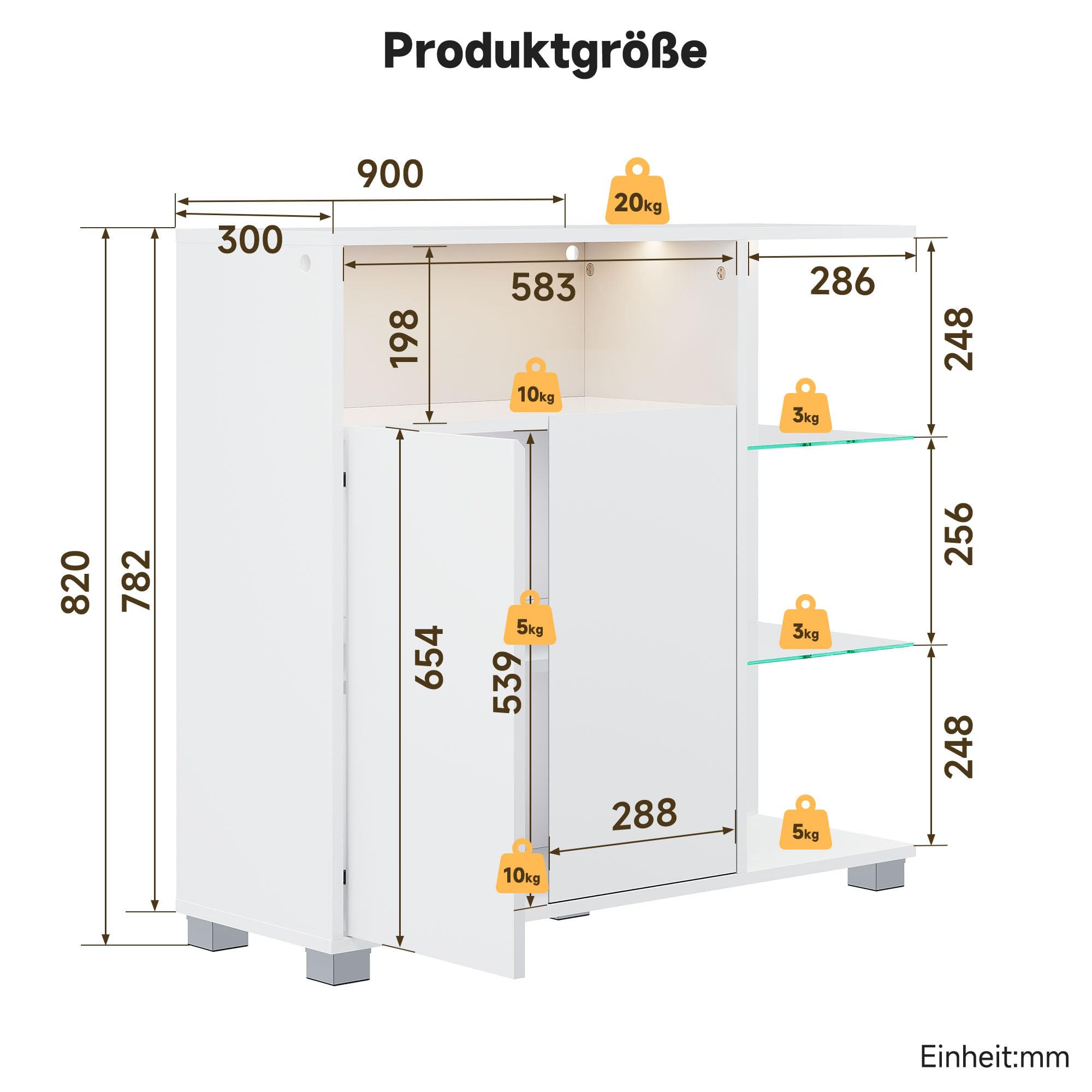 SONNI Sideboard Kommode mit LED 2 Türen 3 Glasregale 90x30x82cm Hochglanz | Verstellbarer Ablage Schrank, Komodenschrank, Wohnzimmermöbel, Wohnzimmerschrank für Badezimmer, Küche, Schlafzimmer, Weiß