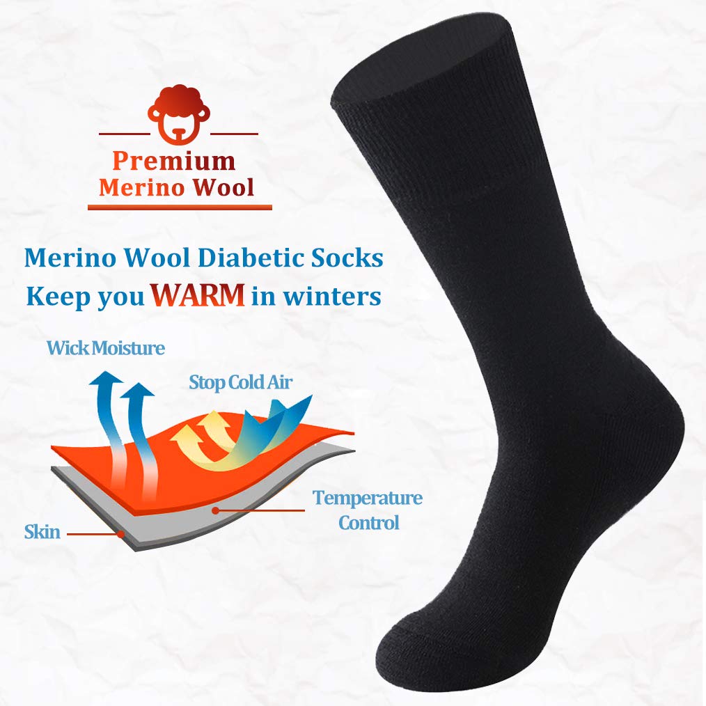 Forcool Calcetines para diabéticos de lana merina, sin ataduras, sueltos, acolchados, para hombres y mujeres, M/L/XL, 3 pares