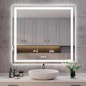 ISKM 40''L x 38''W LED Mirror for Bathroom Lighted Vanity Mirror for Wall Front Lights + Backlit LED Bathroom Mirror Anti-Fog Tempered Glass ETL Listed