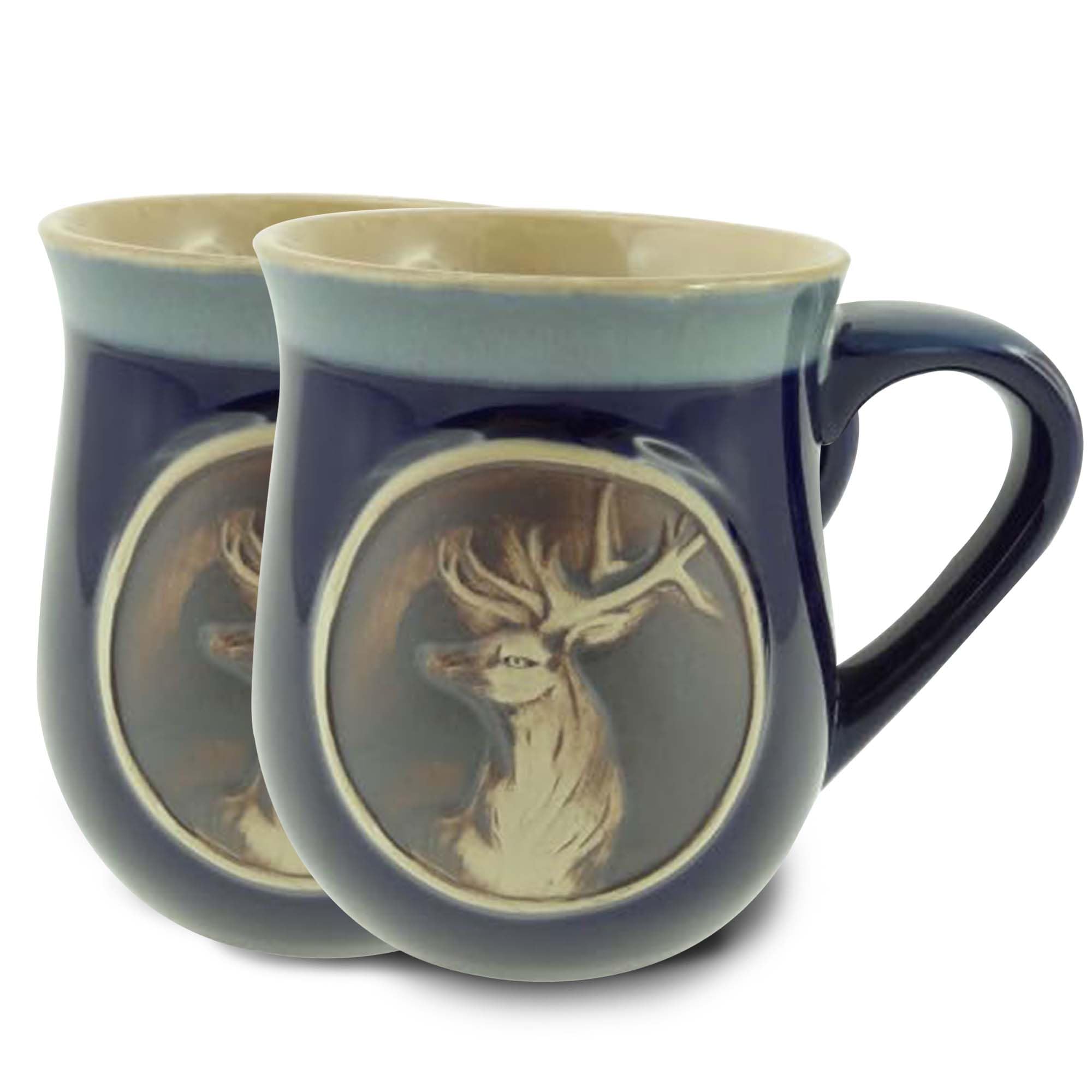 Glen Appin Scotland Stag Lot de 2 tasses en grès avec passepoil en relief pour café, thé, chocolat chaud – Coffret cadeau de Noël et Nouvel An – Artisanat du patrimoine écossais (bleu, lot de 2)