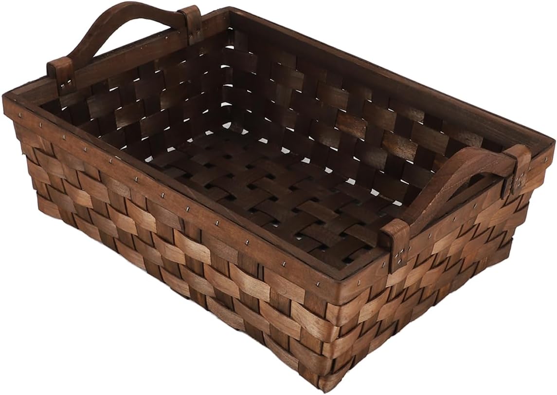 Rectangular Wicker Basket, Woven Wooden Storage Tray with Handles for Gift Bread (Dark Brown)