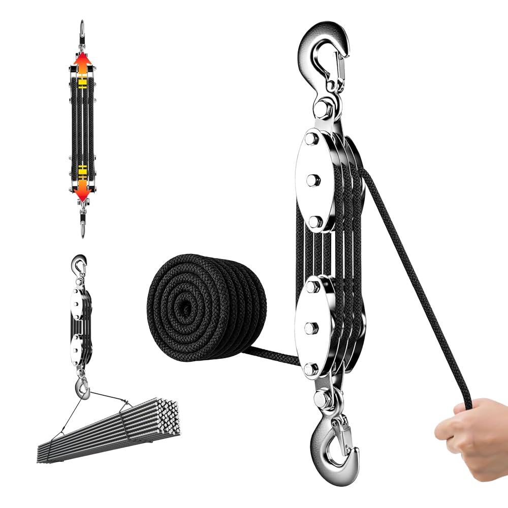Flaschenzug mit Seilbremse, Schwerlast Flaschenzug 4-Fach mit Seilbremse, 300 kg Max. 8:1 Hubkraft, Flaschenzugsystem mit 20m Nylon,270° Drehbar Arbeitssparender Flaschenzug für Jagd, Garagen