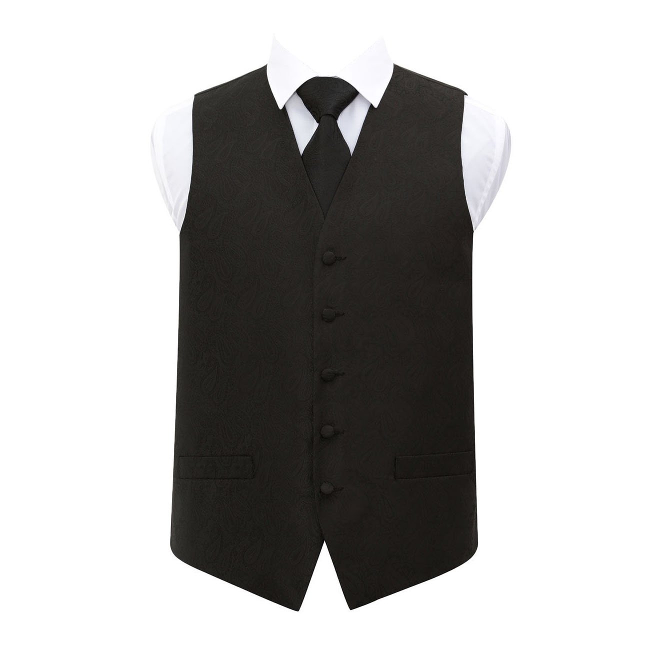 Dqt Men's Black Paisley Floral Jacquard Waistcoat & Tie Set (2Pc) - Wedding, Business & Formal - 48" (4Xl)