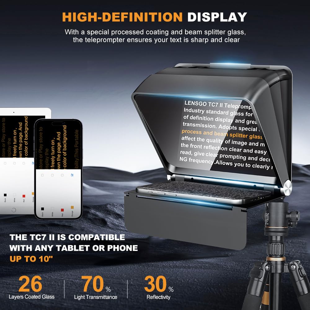 LENSGO Teleprompter per tablet smartphone, 10 pollici, mini prompter portatile con telecomando, app compatibile con iOS/Android per YouTube/lezioni online/Vlogger/Live Streaming (for phone)