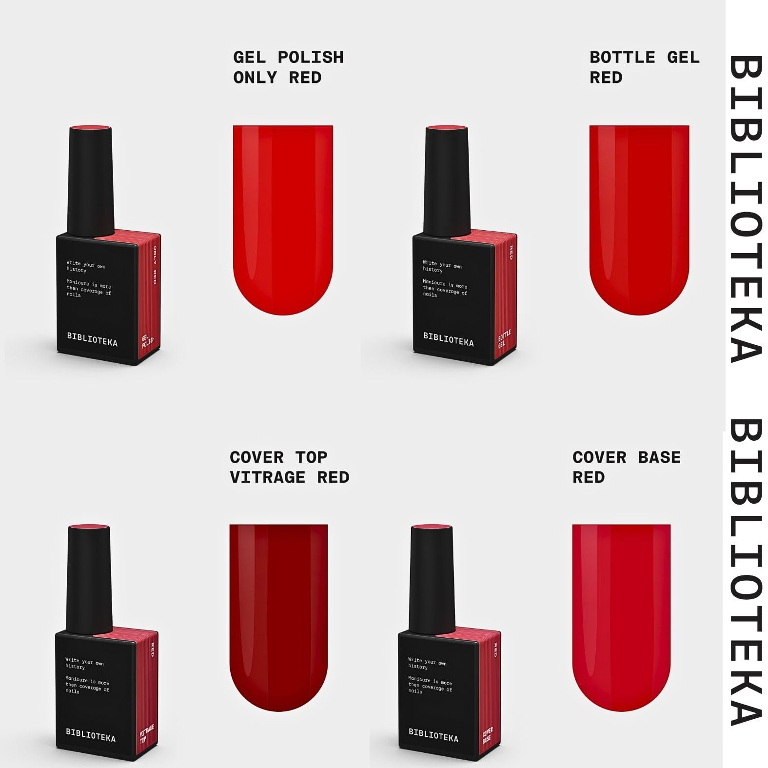 BIBLIOTEKA Red Code Collection Set mit 8 Stück à 10 ml, 5 semi-permanenter Nagellack, Rottöne, Glitter, Katzenauge und reflektierend, Base Cover, Builder Gel und Top Cover, hochpigmentiert.