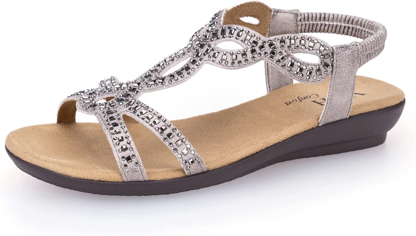 VJH confort Women’s Flat Sandals,Comfort Elastic Strap Rhinestone Open Toe Slip-On Casual Walking Sandals